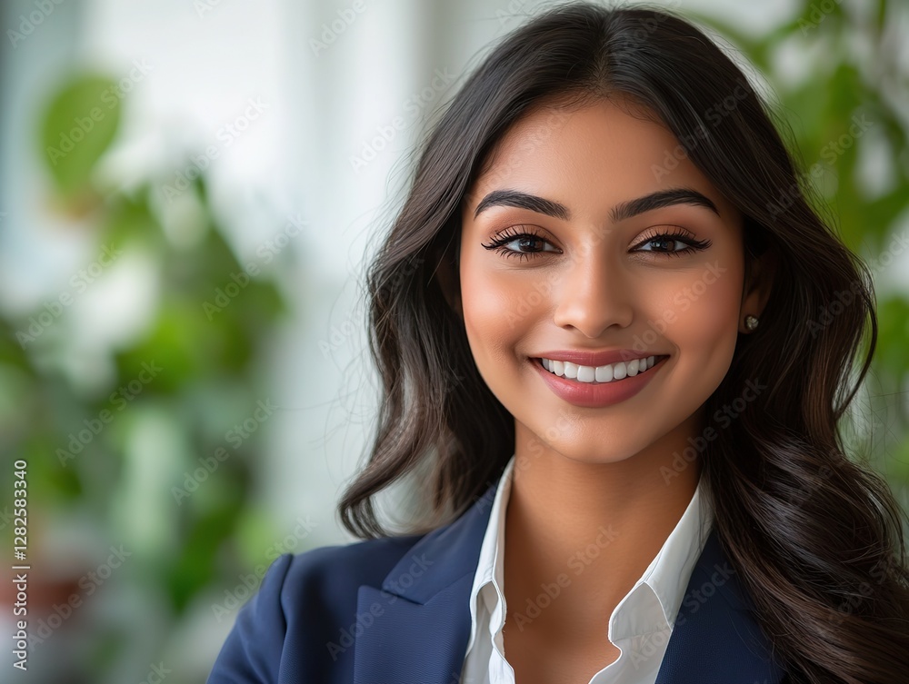 Professional profile of a beautiful smiling woman in a business suit with soft bokeh effect and studio lighting. Natural, makeup-free, with white shirt and blue blazer, office background. Professional profile of a beautiful smiling woman in a business suit with soft bokeh effect and studio lighting. Natural, makeup-free, with white shirt and blue blazer, office background.