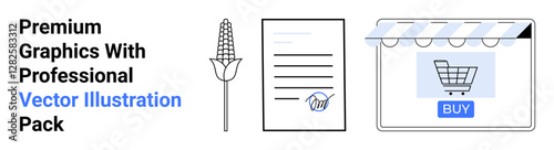 Corn stalk, signed document, and online store with a shopping cart button. Ideal for e-commerce, legal contracts, farming, online shopping, agribusiness, marketing materials flat landing page banner