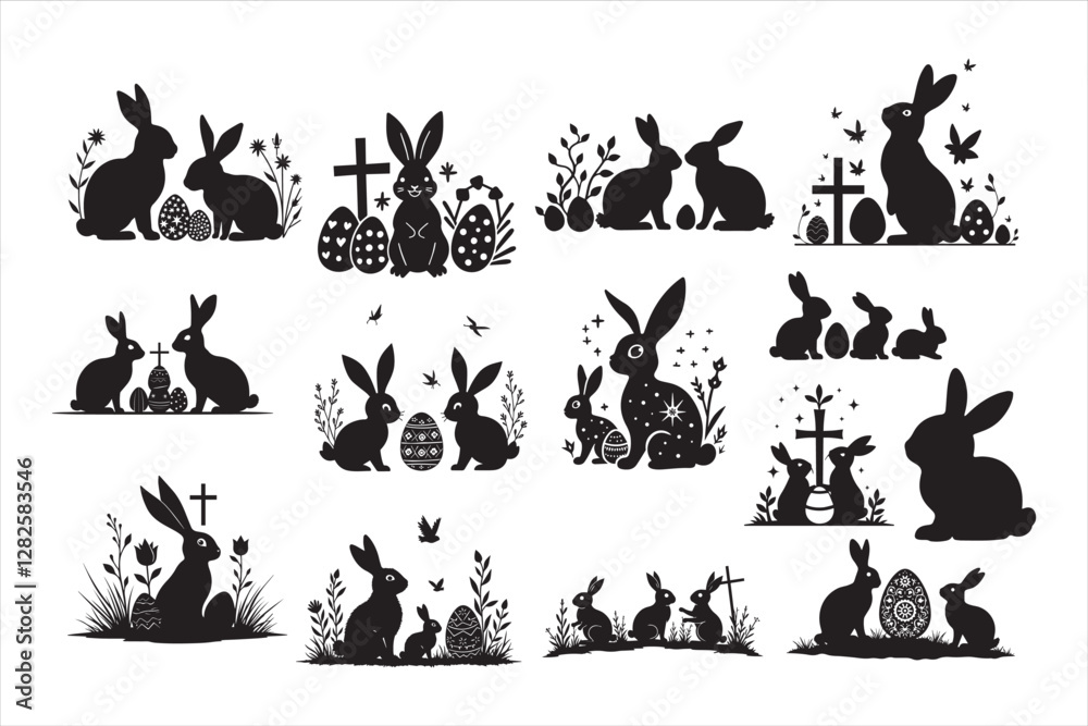 Easter silhouettes design with banny and eggs Easter silhouettes design with banny and eggs