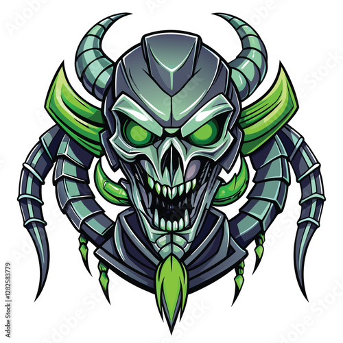 A detailed close-up of a cybernetic scorpion head, showcasing intricate mechanical details and vibrant glowing green LEDs.  Emphasis on biomechanical fusion.