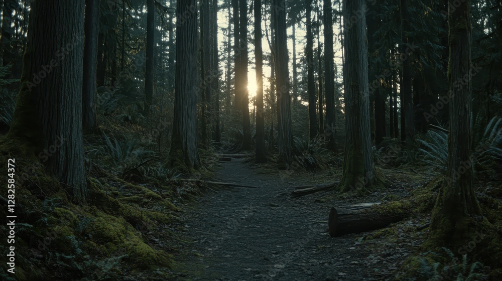 Obraz premium Forest Trail Sunset Sunlight Through Trees