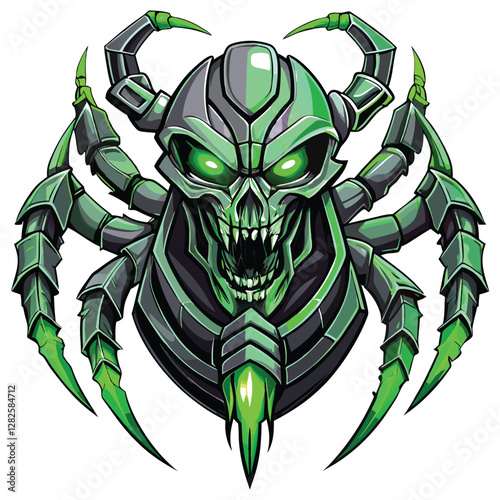Render a detailed image of a cybernetic scorpion head, featuring glowing green mechanical components and intricate biomechanical details.  Showcase high-resolution textures and realistic lighting.