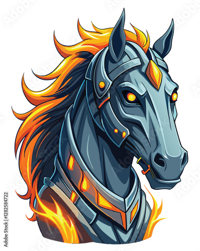 Create a detailed digital painting of a cyberpunk horse's head, adorned with sleek, metallic armor plating; incorporate neon accents and a gritty, futuristic aesthetic.