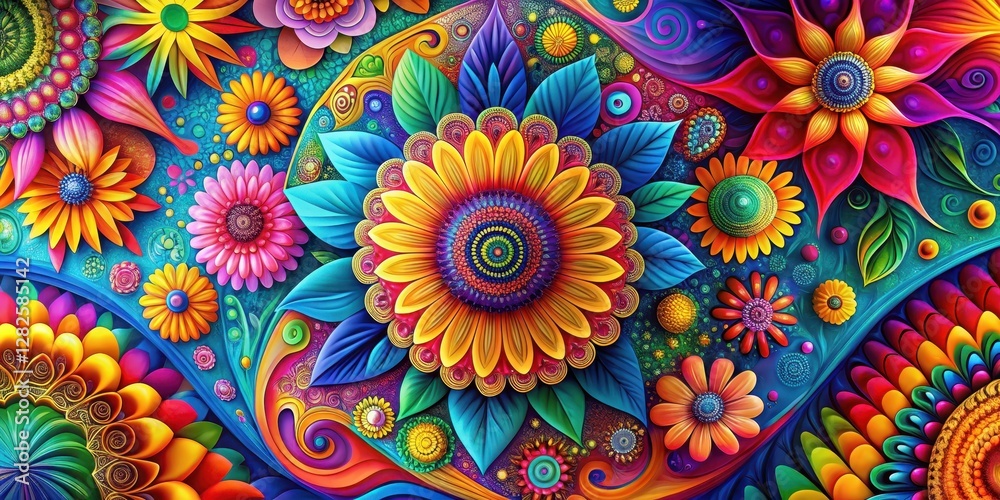 Vibrant floral design with geometric shapes in bright colors, set against a psychedelic background featuring swirling patterns and abstract shapes, Colorful Patterns, Retro Patterns Vibrant floral design with geometric shapes in bright colors, set against a psychedelic background featuring swirling patterns and abstract shapes, Colorful Patterns, Retro Patterns
