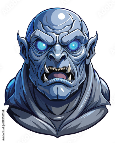 A colossal cyclops head, meticulously detailed, features a single, intensely glowing blue eye.  The skin texture is rugged and ancient.