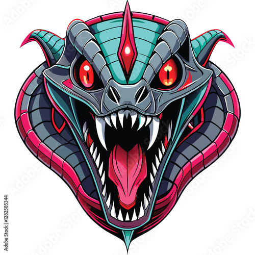 Generate a detailed image of a cyberpunk snake head, incorporating a vibrant digital glitch effect, showcasing intricate scales and glowing neon eyes.