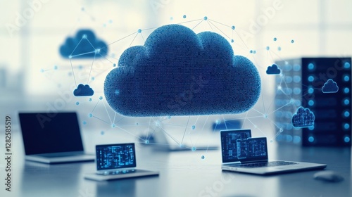 A futuristic digital workspace showcasing cloud computing and data exchange across various devices for modern connectivity.