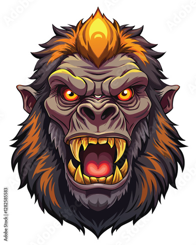 A colossal gorilla monster head, four glowing red eyes pierce the darkness, showcasing immense power and primal fear.  Detailed texture and dramatic lighting are essential.