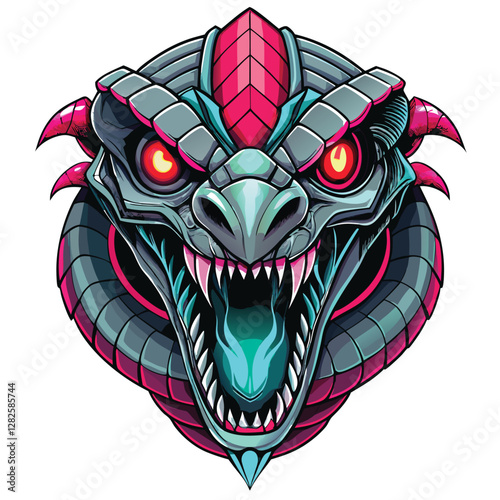 Create a detailed image of a cyberpunk snake head, incorporating a vibrant digital glitch effect across its scales and eyes.  Render with high detail and sharp focus.