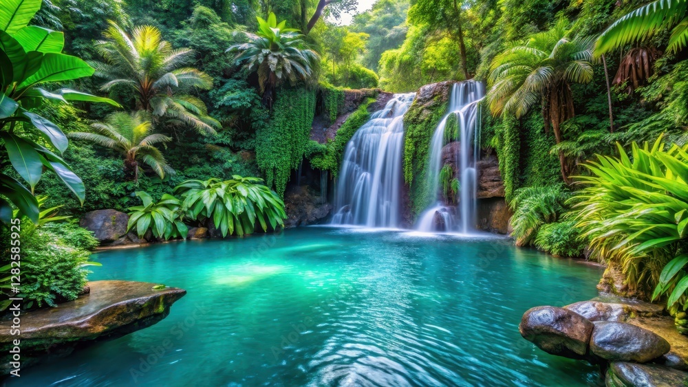 Pool in serene oasis with turquoise water fed by cascading waterfall surrounded by lush greenery and vibrant tropical plants, serenity, nature Pool in serene oasis with turquoise water fed by cascading waterfall surrounded by lush greenery and vibrant tropical plants, serenity, nature