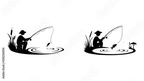 Silhouette of a Fisherman Catching Fish in a Pond