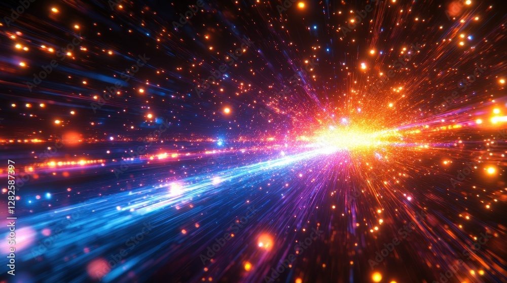 Fototapeta premium Abstract light streaks and particles converge in a bright explosion.