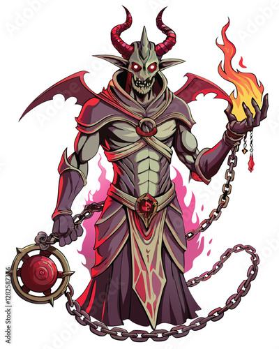 Render a terrifying demonic figure, heavily chained, with glowing red eyes and sharp claws, in a dark, gritty environment.  Focus on detailed texture and dramatic lighting.