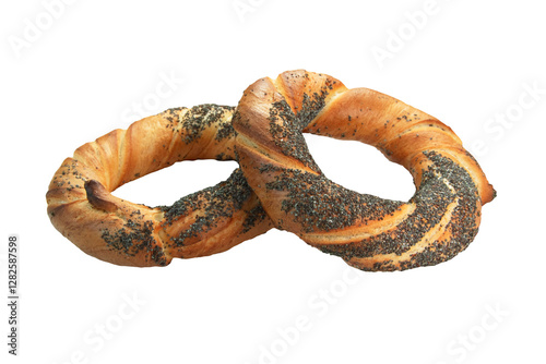 Obwarzanek z makiem, precel na białym tle. Bez tła