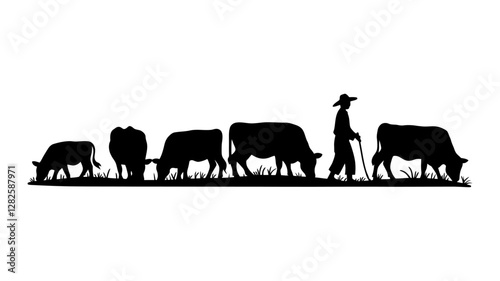 Silhouettes of a farmer and cows grazing in a field