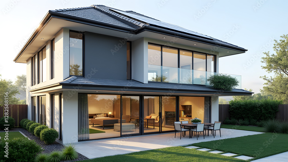 A house facade with customized solar panels. The modern design and seamless integration highlight the blend of aesthetics and efficiency in solar energy. A house facade with customized solar panels. The modern design and seamless integration highlight the blend of aesthetics and efficiency in solar energy.