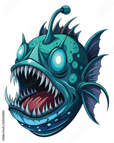 Render a terrifyingly detailed close-up of a deep-sea anglerfish's bioluminescent head, emphasizing its grotesque features and glowing lure.