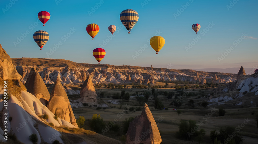 Obraz premium Colorful Hot Air Balloons Over Scenic Landscape