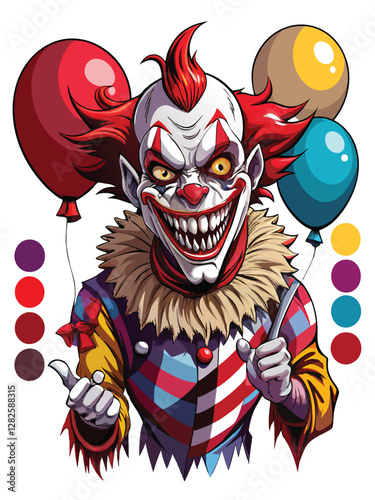 A terrifying clown with severely cracked, bleeding makeup, wielding a razor-sharp knife.  His expression is menacing and sinister.