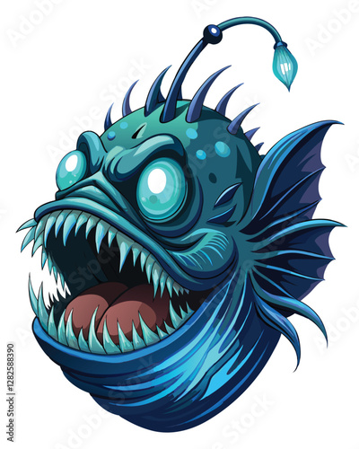 Render a detailed close-up of a monstrous deep-sea anglerfish head, showcasing its bioluminescent lure and grotesque features.  Focus on texture and realistic detail.
