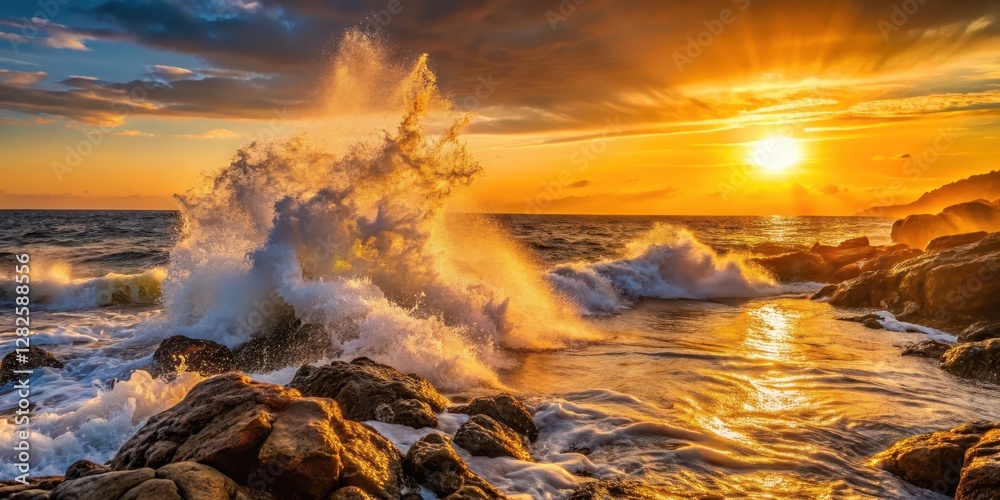 Naklejka premium Water spray from waves on a rocky coastline at sunset with warm golden light and sea foam , waves, water spray, waves, water spray