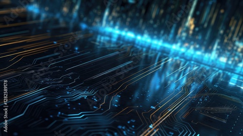 Futuristic Circuit Board Design in Blue Light