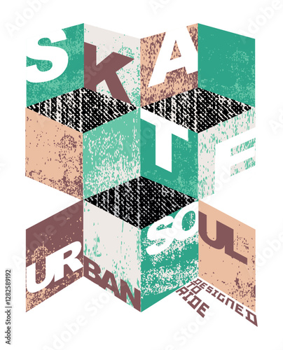 Colorful vector illustration of lettering with geometric shapes and texture. Art alluding to the skateboarding sport.