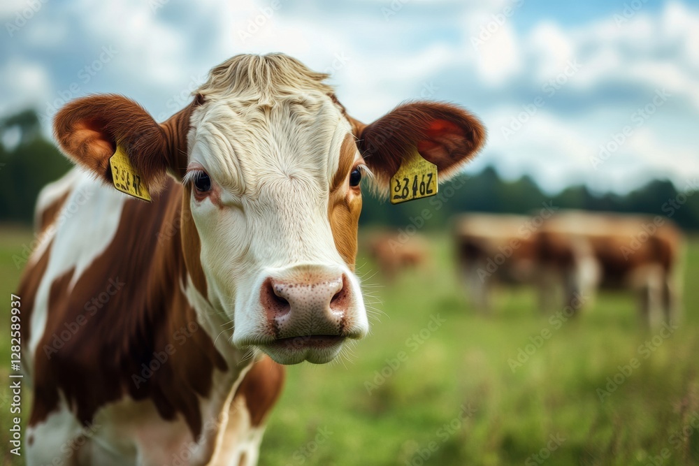 Close up of a curious young cow with ear tags grazing in a vibrant green field near farm buildings. Generative AI Close up of a curious young cow with ear tags grazing in a vibrant green field near farm buildings. Generative AI