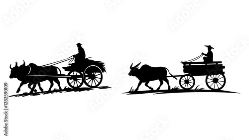 Silhouette of a farmer and oxen pulling a cart