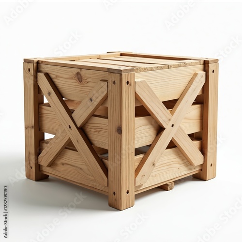 Close-up of light wooden box with crossbeam design, on transparency. Timber crate, wood container for storage delivery. Rustic plank case for cargo. Packaging, shipping industry concept. Empty
