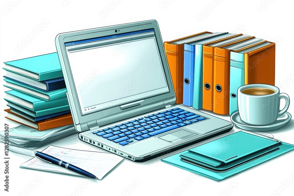 A workspace featuring a blank laptop, stacked books, folders, a coffee cup, and stationery, creating an organized study or office environment. A workspace featuring a blank laptop, stacked books, folders, a coffee cup, and stationery, creating an organized study or office environment.