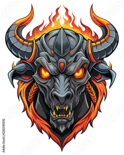 A demonic bull skull, metallic horns glowing fiercely, detailed texture, dark background, infernal aesthetic.