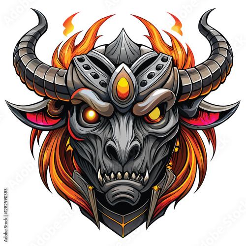 Create a digital painting of a demonic bull skull, metallic horns glowing ominously.  Intricate detail, dark fantasy art style.
