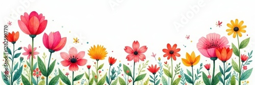 Cute hand-drawn spring flowers, vibrant colors, whimsical style, blossom, texture