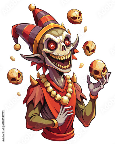 A grotesque, deranged alien jester with sharp, jagged teeth, maniacal grin, tattered jester's costume, unsettling eyes.