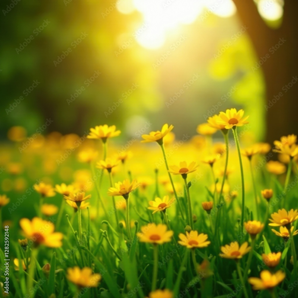 Obraz premium Sunlit yellow flowers, meticulously cut out, garden backdrop, garden, spring