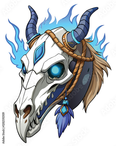 A monstrous, decaying horse skull adorned with tattered leather straps, set against a dark, atmospheric background.  Details sharp, dramatic lighting.