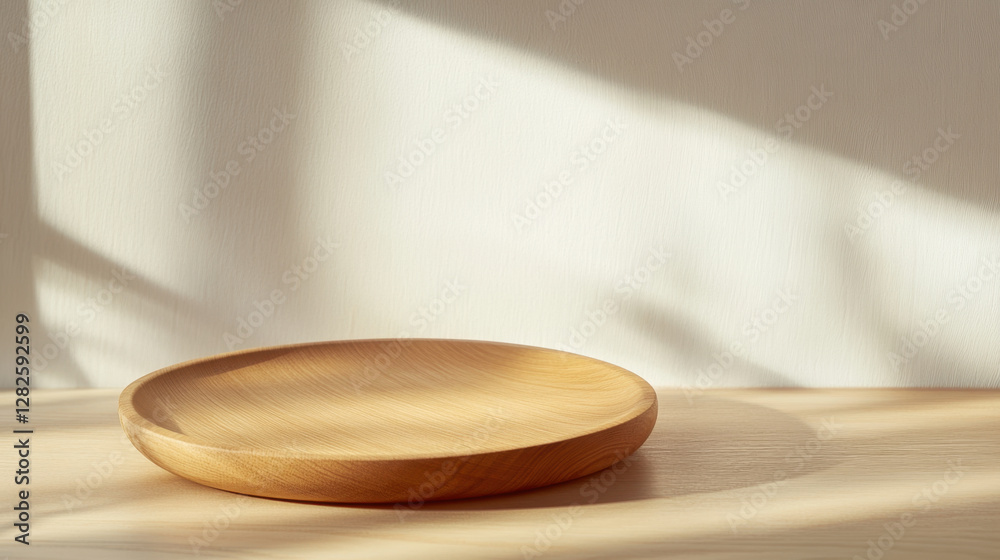 large round wooden plate with smooth finish, placed on light surface, casting soft shadows. natural wood grain adds warmth and elegance to setting large round wooden plate with smooth finish, placed on light surface, casting soft shadows. natural wood grain adds warmth and elegance to setting