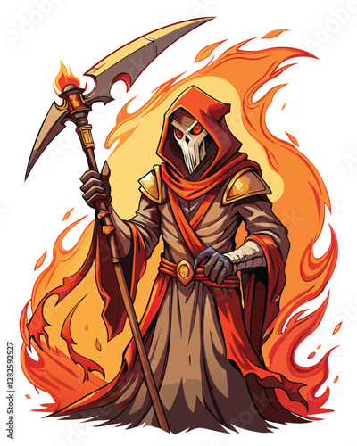A dark, detailed illustration of a faceless executioner, cloaked in a tattered, dark grey hood, wielding a hidden weapon; ominous and mysterious.