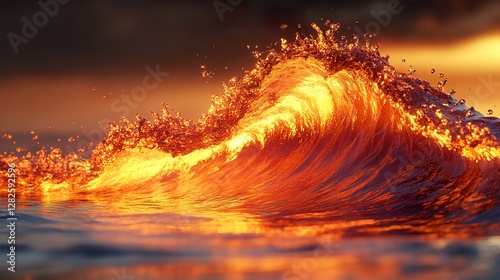 Golden wave crests against a fiery sunset backdrop