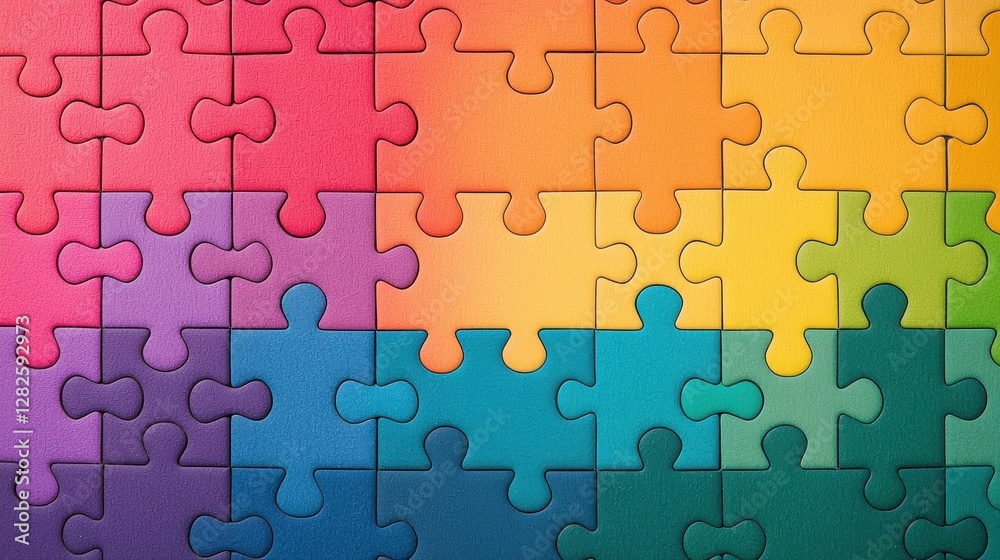 A vibrant puzzle pattern featuring an array of colorful pieces in gradient shades, showcasing unity and creativity in design. A vibrant puzzle pattern featuring an array of colorful pieces in gradient shades, showcasing unity and creativity in design.