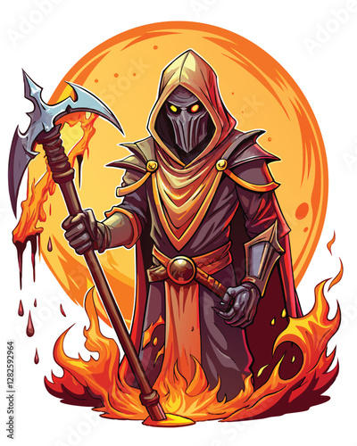 A grim, faceless executioner, cloaked in a ragged, dark hood, stands silhouetted against a bleak, indistinct background.  The image should evoke a sense of dread and mystery.