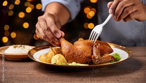 Faceless man eat Ayam Percik in restaurant with bokeh background. Malaysian Food. photo