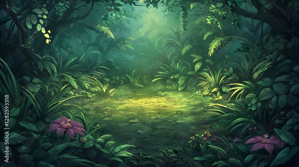 Fototapeta premium Lush Green Tropical Forest Path with Sunlight