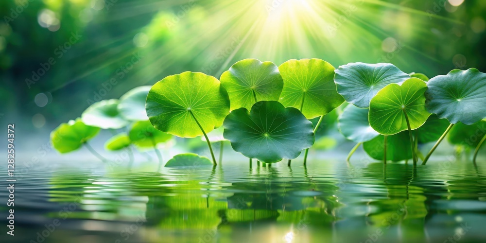 Centella asiatica leaves floating on a serene green lake with sunlight filtering through the foliage, greenery, botanical illustration Centella asiatica leaves floating on a serene green lake with sunlight filtering through the foliage, greenery, botanical illustration