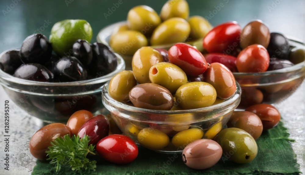 Diverse olives in glass bowls on green table with parsley, creating a fresh and appetizing scene in a kitchen. Diverse olives in glass bowls on green table with parsley, creating a fresh and appetizing scene in a kitchen.