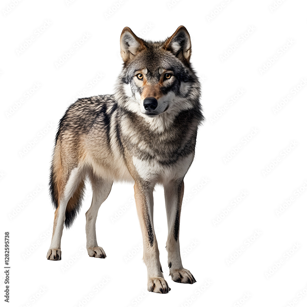 Obraz premium A wolf standing on a white background, showcasing its thick fur.