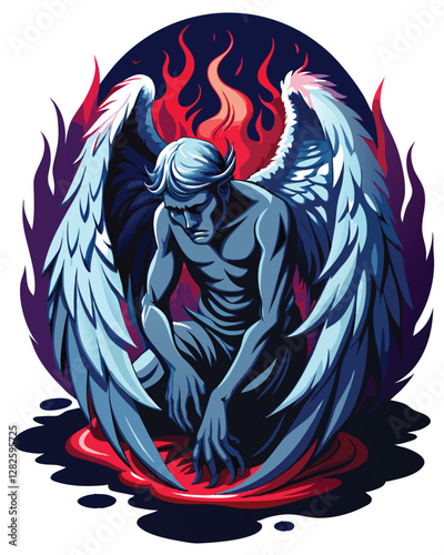 A fallen angel, wings scorched black, gazes intensely into a desolate abyss; despair etched on their face.