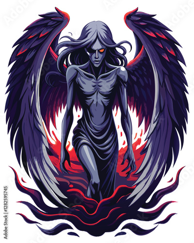 A fallen angel, wings charred black, gazes intensely into a swirling vortex of dark energy, a single tear tracing a path down its soot-stained cheek.