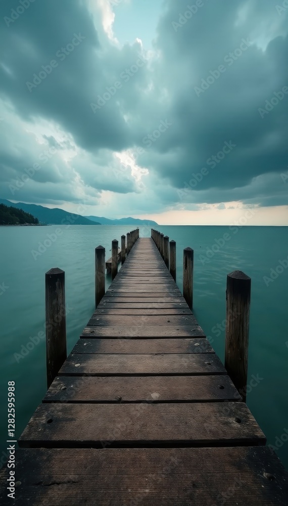 Rustic pier stretches into calm water under a brooding sky , moody sky, tranquil, serenity Rustic pier stretches into calm water under a brooding sky , moody sky, tranquil, serenity
